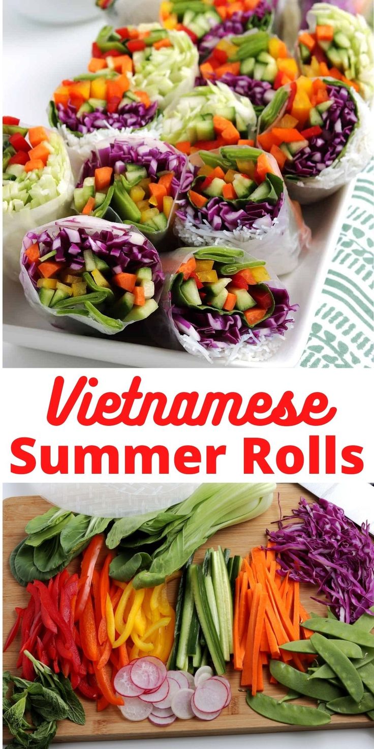 Piled and Cut summer rolls on a platter and a tray of prepared veggies. Lunch Ideas Packed, Thai Salad Rolls, Vietnamese Vegetables, Summer Roll, Asian Summer Rolls, Summer Rolls Recipe Vegetarian, Vegetable Summer Rolls, Veggie Summer Rolls, Summer Rolls Vegetarian