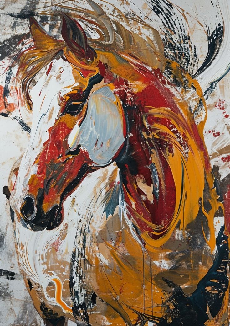 an abstract painting of a horse's head in red, yellow and white colors