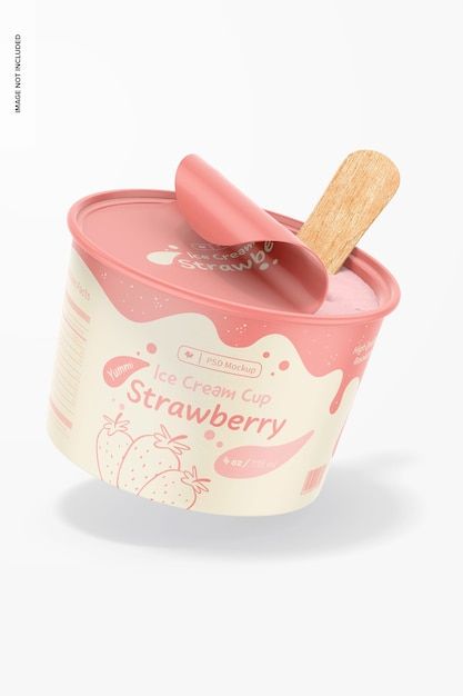 an ice cream cup with a wooden spoon sticking out of it's top, on a white background