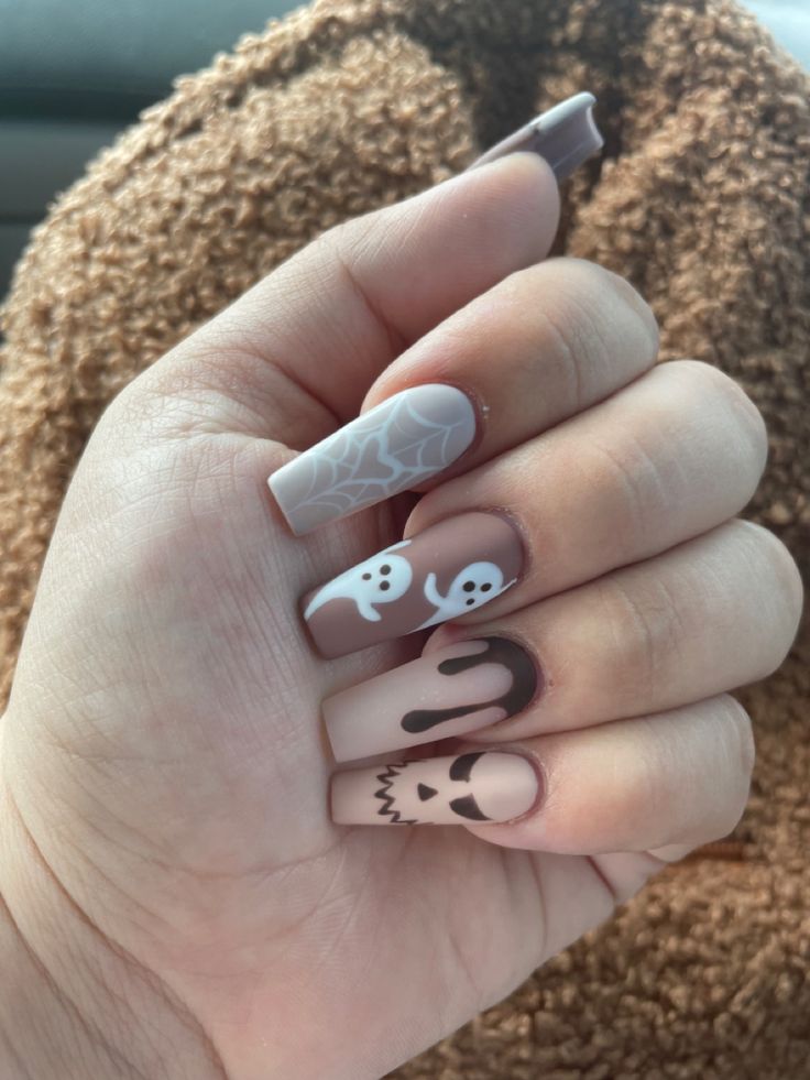 Simple Halloween Nail Designs Square, Tan Halloween Nails, Bone Nails Acrylic, Black And Nude Halloween Nails, Fall Witch Nails, Fall Birthday Nails Short, Halloween Pastel Nails, Nude Halloween Nails Acrylic, Halloween Nude Nails