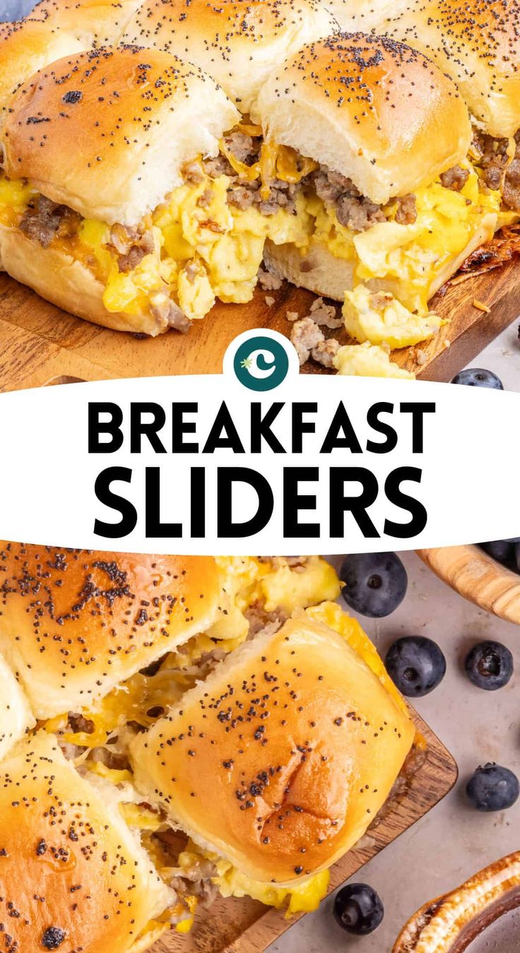 breakfast sliders with cheese and blueberries on a cutting board next to pretzels