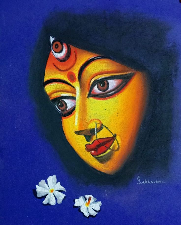 Maa Durga face drawing with soft pastel colours.. pujo asche drawing Durga Maa Oil Pastel Drawing, Durga Maa Paintings Face, Durga Maa Paintings Bengali, Durga Painting Canvases, Mataji Drawing, Durga Face Painting, Durga Maa Face Drawing, Durga Painting Artworks, Durga Maa Art