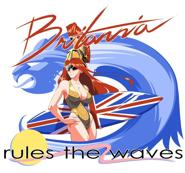 a woman in a bathing suit standing next to a surfboard with the words brilliant rules the waves