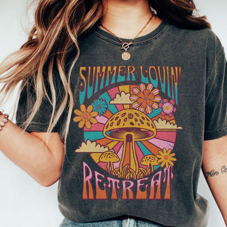 🩴 Summer Lovin' Retreat Mushroom Shirt.  Trendy Retro Vibes Summer T-Shirt. 🩴 Click here to view our shop for more great designs --- https://www.etsy.com/shop/GraceAndFlipFlops Click on the ❤️ to see our new designs as they arrive. 🩴 Comfort Colors T-Shirt - The unisex cotton tee is the perfect staple of any wardrobe. The Unisex relaxed fit makes it an excellent daily choice. 🩴 Sizing - See listing image for a specific sizing chart for this style. Please note these are unisex style, and ther Summer Hippie T-shirt With Letter Print, Retro Tops With Funny Print For Summer, Summer Retro Print Relaxed Fit T-shirt, Summer Graphic Tee With Retro Print, Summer Retro Print Graphic Tee Tops, Summer Retro Print Graphic Tee, Multicolor Retro Print T-shirt For Summer, Vintage Shirt With Funny Print For Summer, Vintage Printed T-shirt For Summer