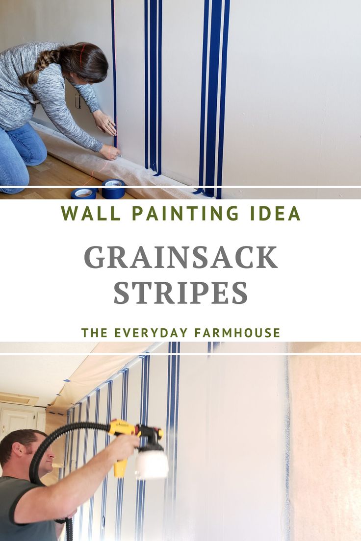 a man and woman painting the walls in their house with text overlay that reads, wall painting idea grain sack stripes the everyday farmhouse farmhouse