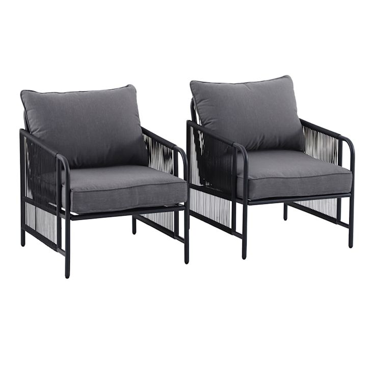 two black and grey chairs sitting next to each other