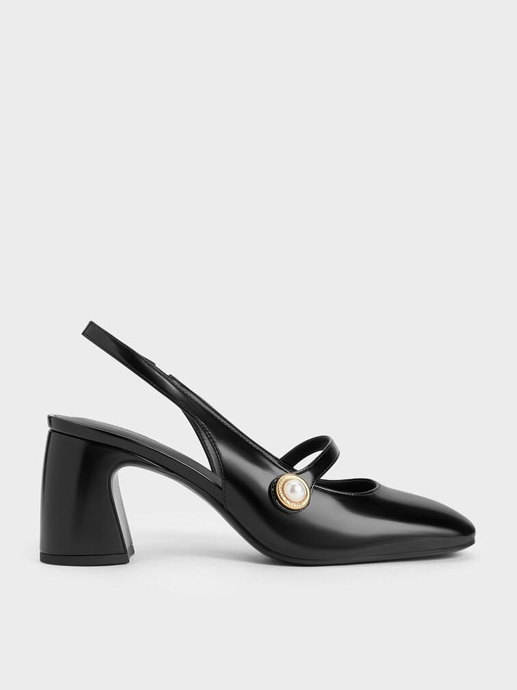 Black Boxed Pearl-Accent Mary Jane Pumps - CHARLES & KEITH US Sepatu Pump, Charles And Keith, Manik Manik, Rounded Square, Slingback Flats, Pu Heels, Slingback Shoes, Mary Jane Pumps, Charles Keith