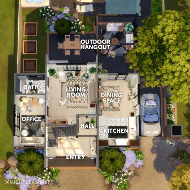 an aerial view of a house with lots of furniture and landscaping around it, including the living area