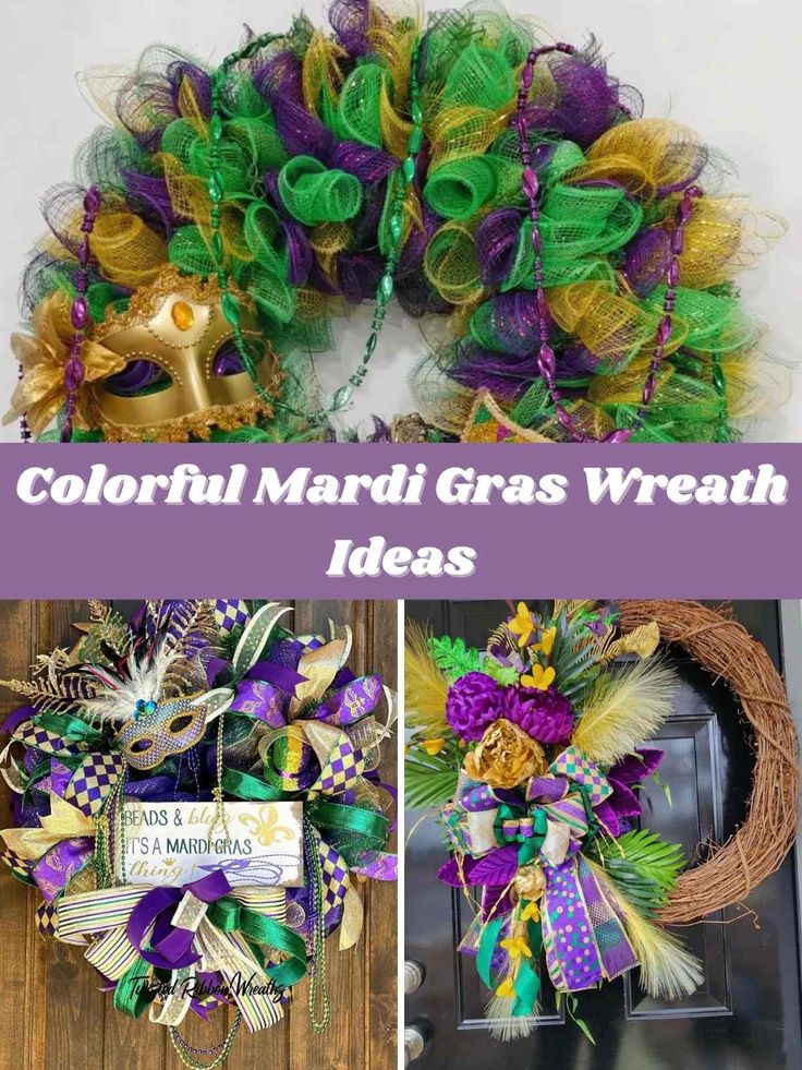 colorful mardi gras wreath with purple and green decorations