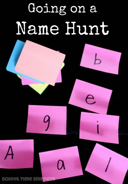 pink sticky notes with the words going on a name hunt