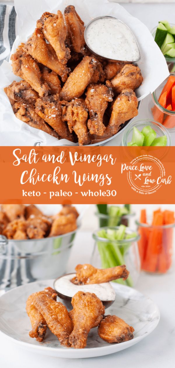 fried chicken wings with ranch dressing and carrots on the side, in small bowls