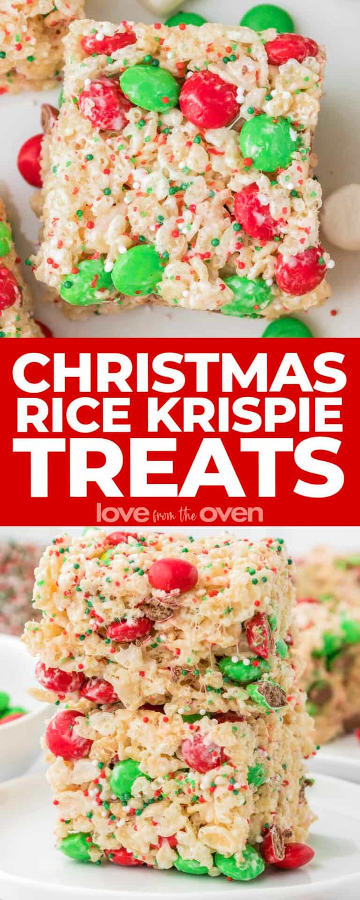 christmas rice krispy treats stacked on top of each other