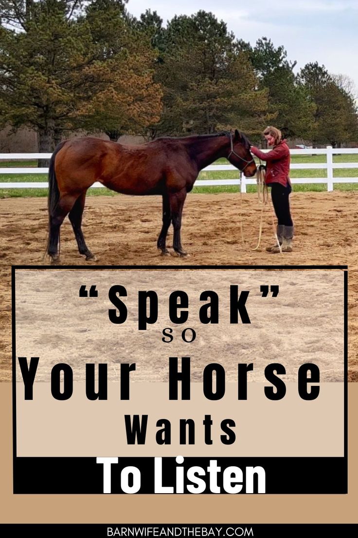 a woman standing next to a brown horse on top of a dirt field with the words speak so your horse wants to listen