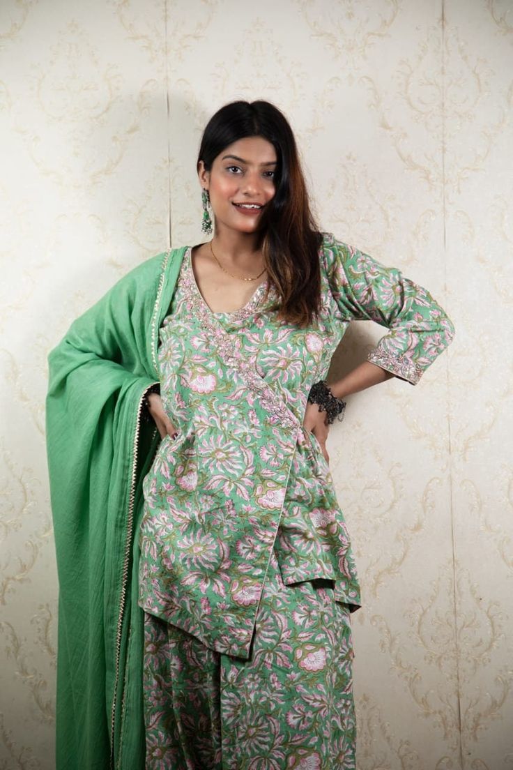 This green hand-block sharara set is embellished and embroidered with gota work making it a perfect comfort evening wear this summer. Green Sharara, Gota Work, Green Hand, Sharara Set, Goa, Dress Clothes For Women, Evening Wear, This Summer, Dress Outfits