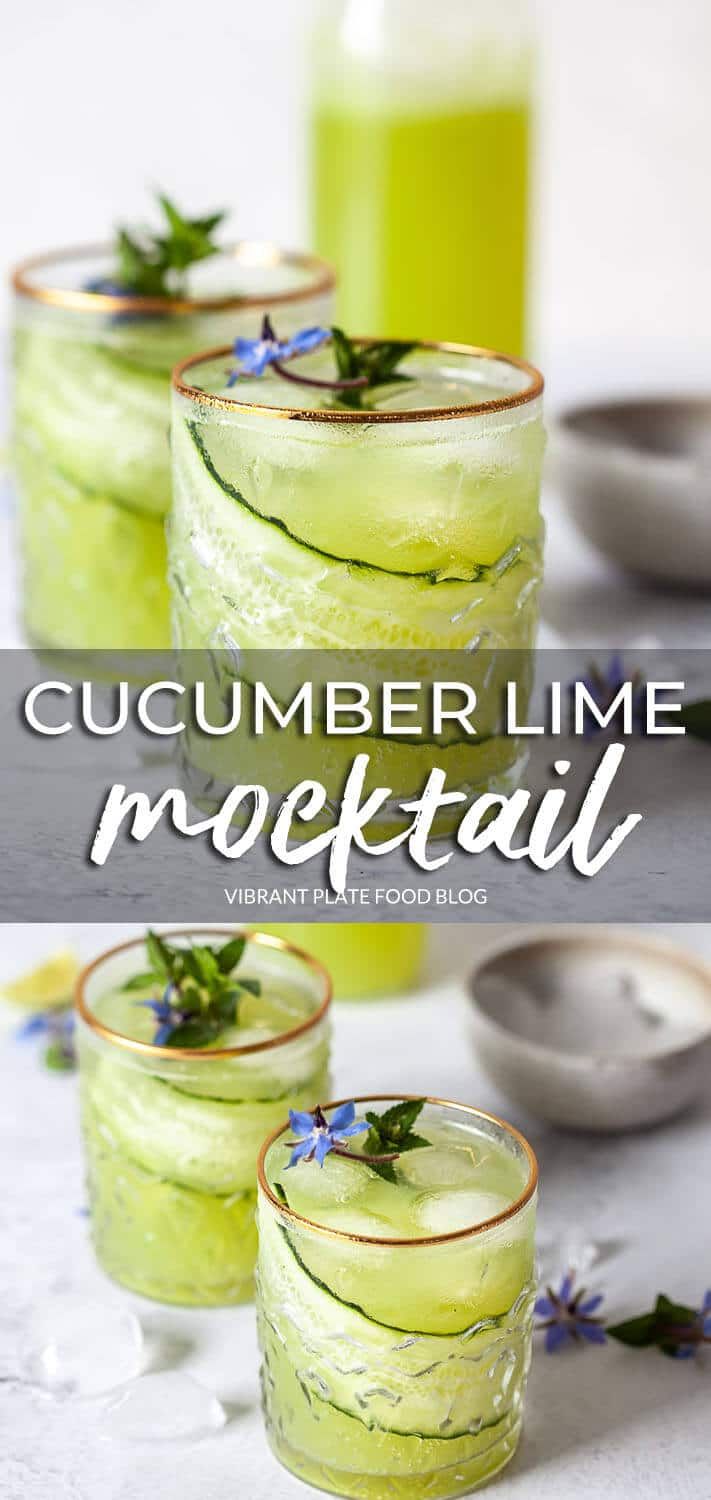 cucumber lime cocktail in glasses with blue flowers on the rim and text overlay