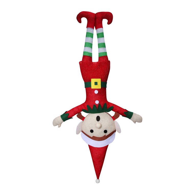 a christmas decoration hanging from the ceiling with an elf hat on it's head