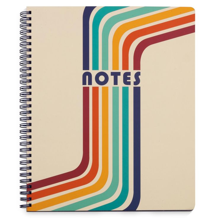 a spiral notebook with the words notes written in multicolored stripes on it's cover