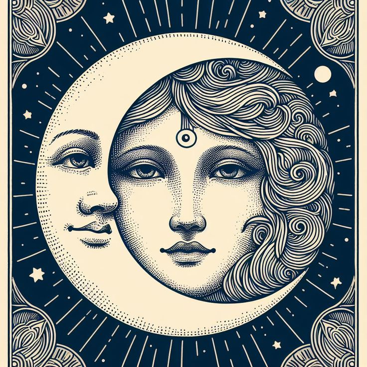 the moon with two faces in front of it, surrounded by stars and swirls