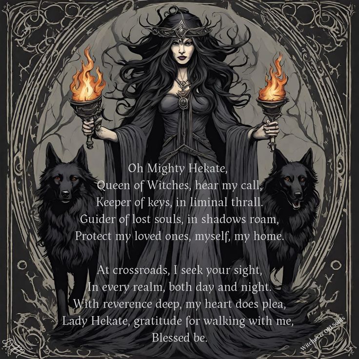 a woman holding two torches in her hands with the words,'oh mighty hecate queen of witches, hear my call keeper of keys in initial trial