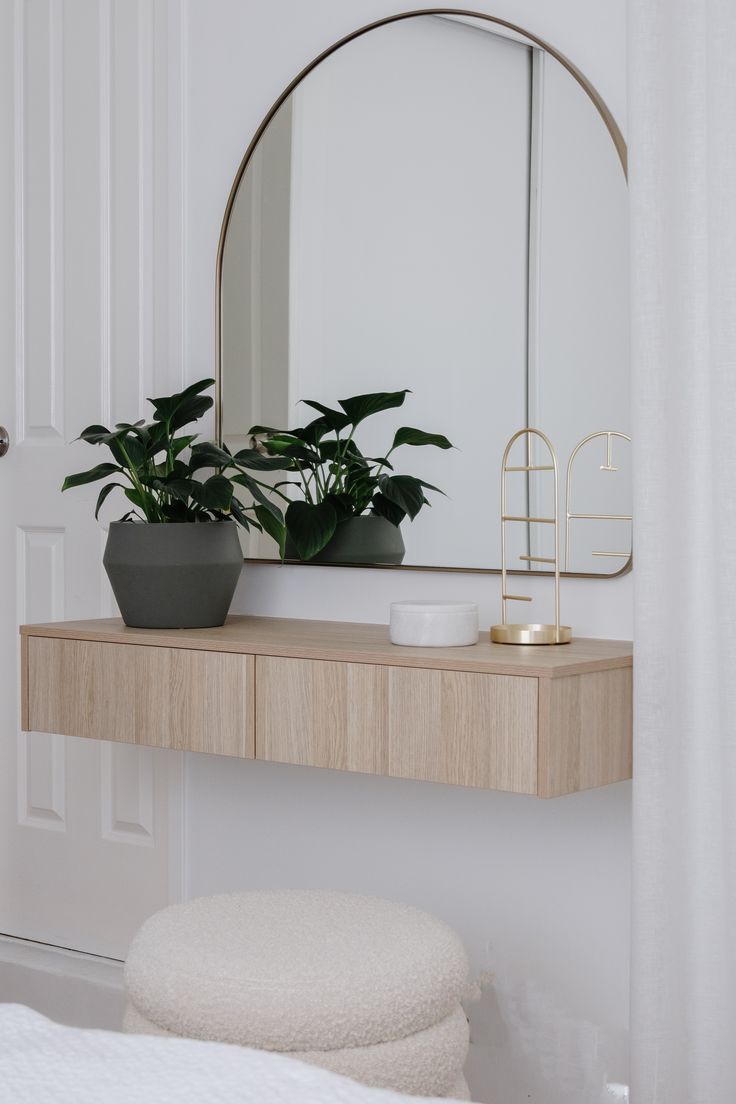 a mirror and plant on a shelf in a room