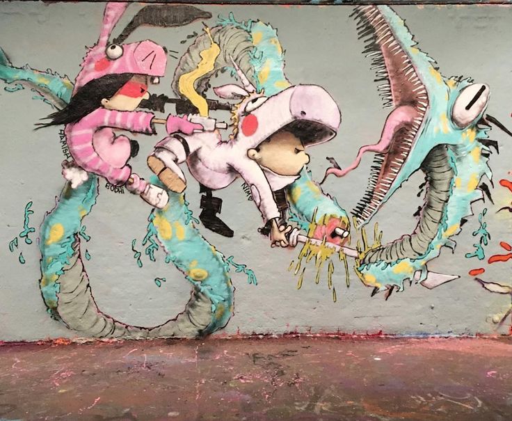 a mural on the side of a building depicts two people riding a dragon and another person holding a skateboard