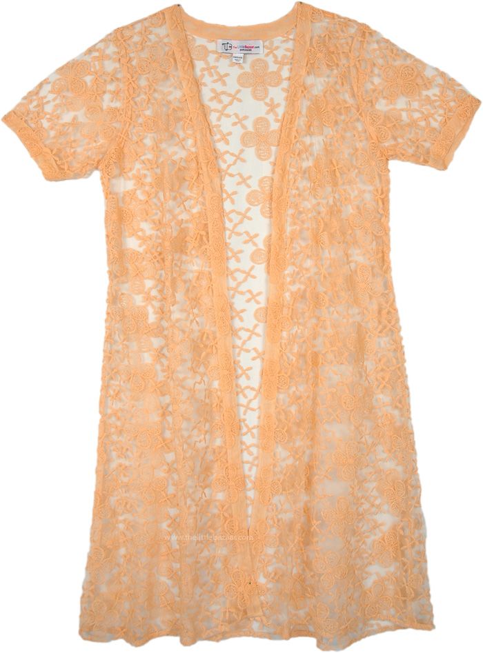 This outerwear is crafted in a beautiful peach-orange color, and exudes a tropical vibe that perfectly complements sunny days by the beach or poolside lounging. The open front and wide sleeves give it a classic kimono silhouette, while the delicate net texture adds an elegant touch. #tlb #vacationclothing #beachwrap #Bohobeachwear Orange Summer Beach Kimono, Summer Orange Beach Cover-up, Long Orange Bohemian Cover-up, Yellow Bohemian Kimono For Beach Cover-up, Orange Long Sleeve Beach Cover-up, Boho Beach Wear, Peach Orange Color, Bridesmaids Outfits, Flowy Design