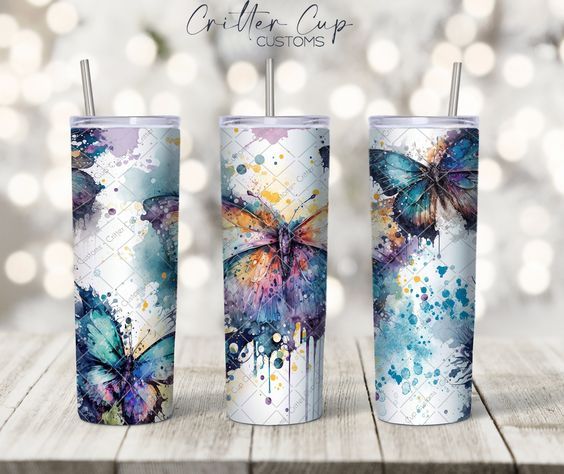 Watercolor Butterfly Ink Splatter Tumbler Wrap PNG Skinny 20oz Design Butterfly Tumbler Wrap Seamless Sublimation Tumbler Designs Butterfly Tumbler Wrap, Tumbler Wrap Template, Butterfly Tumbler, Sublimation Tumbler Designs, Summer Tumbler, Watercolor Butterfly, Design Butterfly, Ink Splatter, Butterfly Watercolor