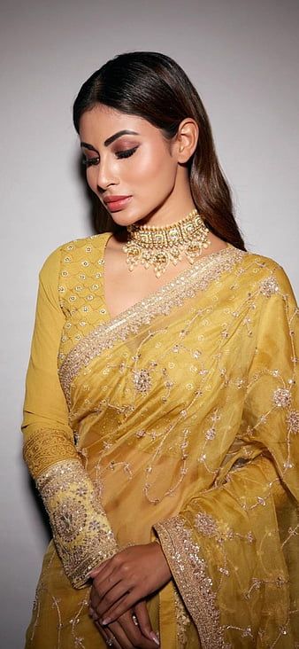 Mouni Roy, bonito, bollywood, HD phone wallpaper Moni Roy, Golden Blouse, Full Sleeve Blouse, Mouni Roy, Yellow Saree, Stylish Sarees, Saree Look, Desi Fashion, Saree Styles