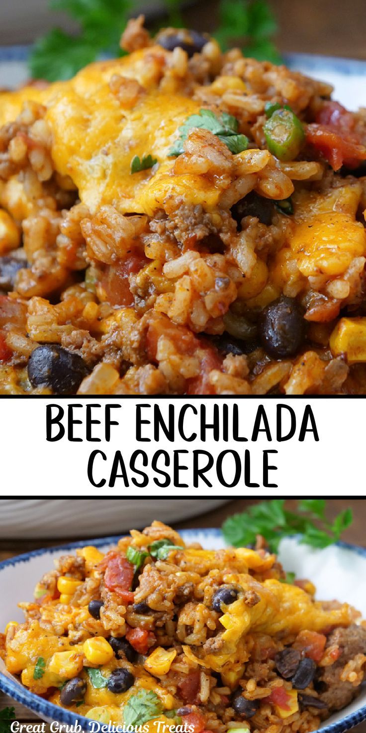 A double collage photo of beef enchilada casserole. Enchilada Casserole With Rice, Beef Enchilada Sauce, Casserole With Rice, Beef Enchilada Casserole, Corn And Rice, Beef Enchilada, Yummy Casserole Recipes, Beef Casserole Recipes, Enchilada Casserole