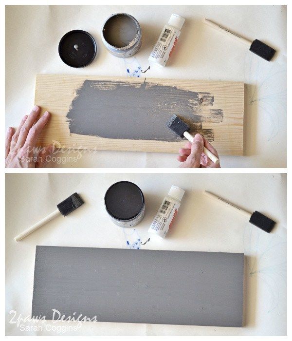 the process of painting a wooden sign with chalk and paint