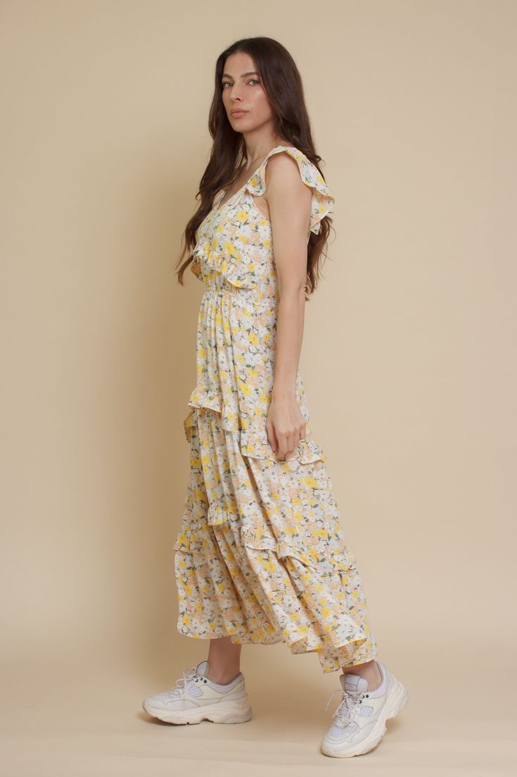 Brand: Calista Floral print midi length dress with ruffle detail, flutter sleeves, and side pockets. ♡ Details Color: Cream/Yellow Flutter sleeves, and ruffle detail Elasticized waist Partially lined Side pockets 100% Polyester Hand wash recommended Size & Fit Model info: Height 5'3"| Bust 32"| Waist 25"| Hips 34" Model is wearing a size small Stretch: Elasticized waist, back, and shoulders Measurements: S: Bust 32.5" | Waist 26.5" | Length 49" M: Bust 34.5" | Waist 28.5" | Length 49.5" L: Bust Pockets Details, Cream Yellow, Midi Length Dress, Stretch Dress, Flutter Sleeves, Flutter Sleeve, Midi Length, Floral Print, Floral Prints