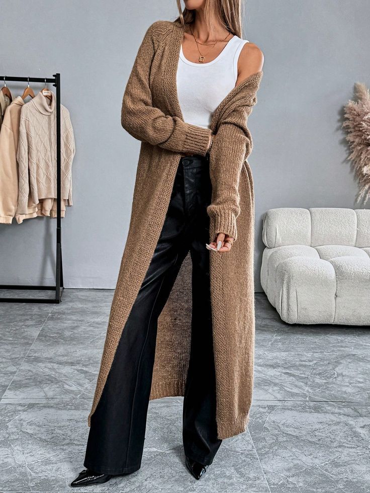 Loose Knit Long Sleeve Cardigan In Solid Colors Brown Casual  Long Sleeve Knitwear Plain  Medium Stretch  Women Clothing, size features are:Bust: ,Length: ,Sleeve Length: Long Tan Cardigan Outfit, Long Cardigan With Dress, Maxi Cardigan Outfit, Long Cardigan Outfit Fall, Tan Cardigan Outfit, Camel Sweater Outfit, Long Brown Cardigan, Knit Cardigan Outfit, Long Sweater Outfits