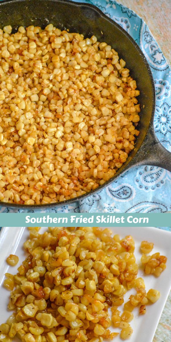 corn kernels in a cast iron skillet before and after being cooked for dinner