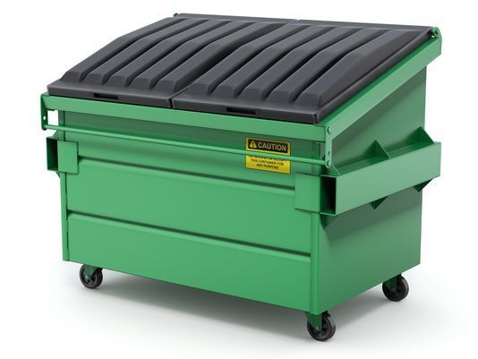 a green plastic storage box on wheels with black top and bottom lid, isolated against a white background