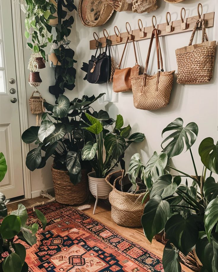 a room filled with lots of plants and hanging baskets on the wall next to a rug