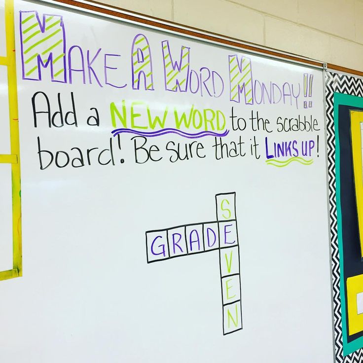 a white board with writing on it in front of a bulletin board that says make a word bind