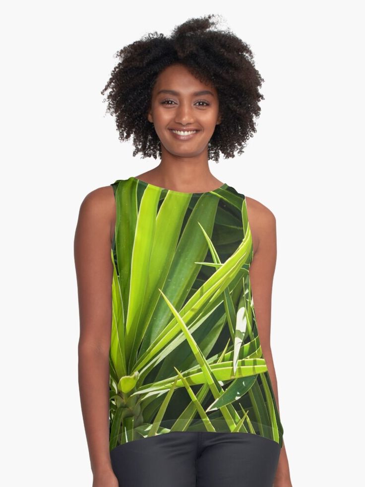 Green fresh design with Juka leaves. Giving you a tropical vibe and natural feel. Great for nature and travel lovers. • Millions of unique designs by independent artists. Find your thing. Graphic Design Print, Tropical Vibes, Fresh Design, Chiffon Top, Back To Black, Chiffon Tops, Green Leaves, Women's Style, Sleeveless Top