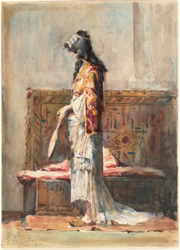 a painting of a woman standing in front of a bench