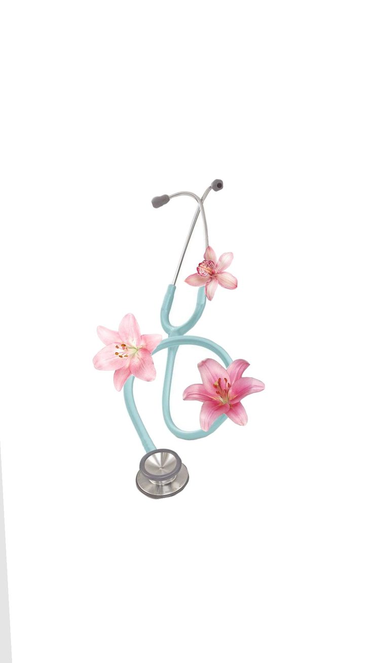 a medical stethoscope with pink flowers on the side and a white background