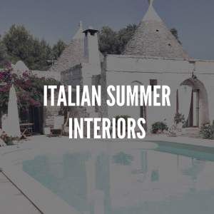 the words italian summer interiors in front of an outdoor swimming pool and stone buildings with flowers