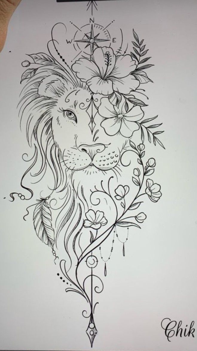 a drawing of a lion with flowers on it's head and an arrow in the middle