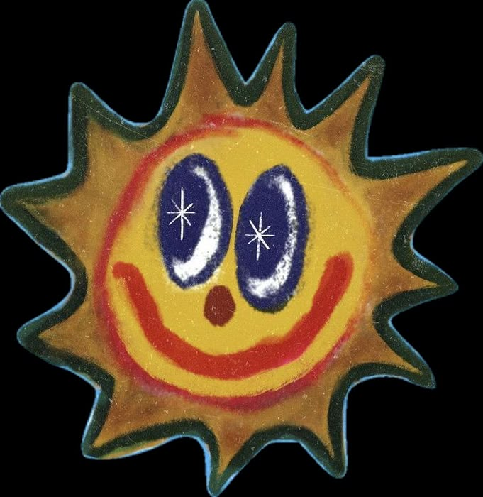 a yellow and red sun with two blue eyes on it's face is shown in front of a white background