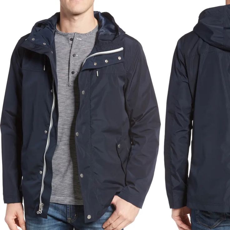 Lightweight And Versatile, This Hooded Rain Jacket Features A Breathable Mesh Lining And Double-Entry Pockets To Keep Your Hands Warm And Dry. Navy Travel Outerwear With Pockets, Navy Windbreaker With Pockets, Navy Casual Outerwear For Travel, Black Rain Jacket, Mens Rain Jacket, Double Entry, Field Coat, Hooded Rain Jacket, Tan Jacket