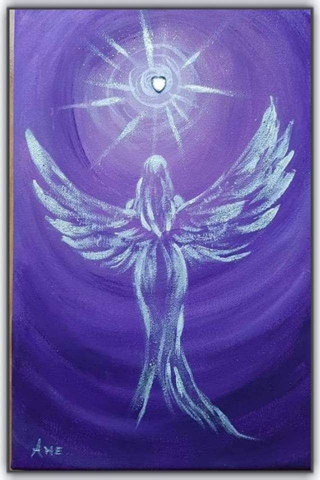 an angel painting with white paint on purple background