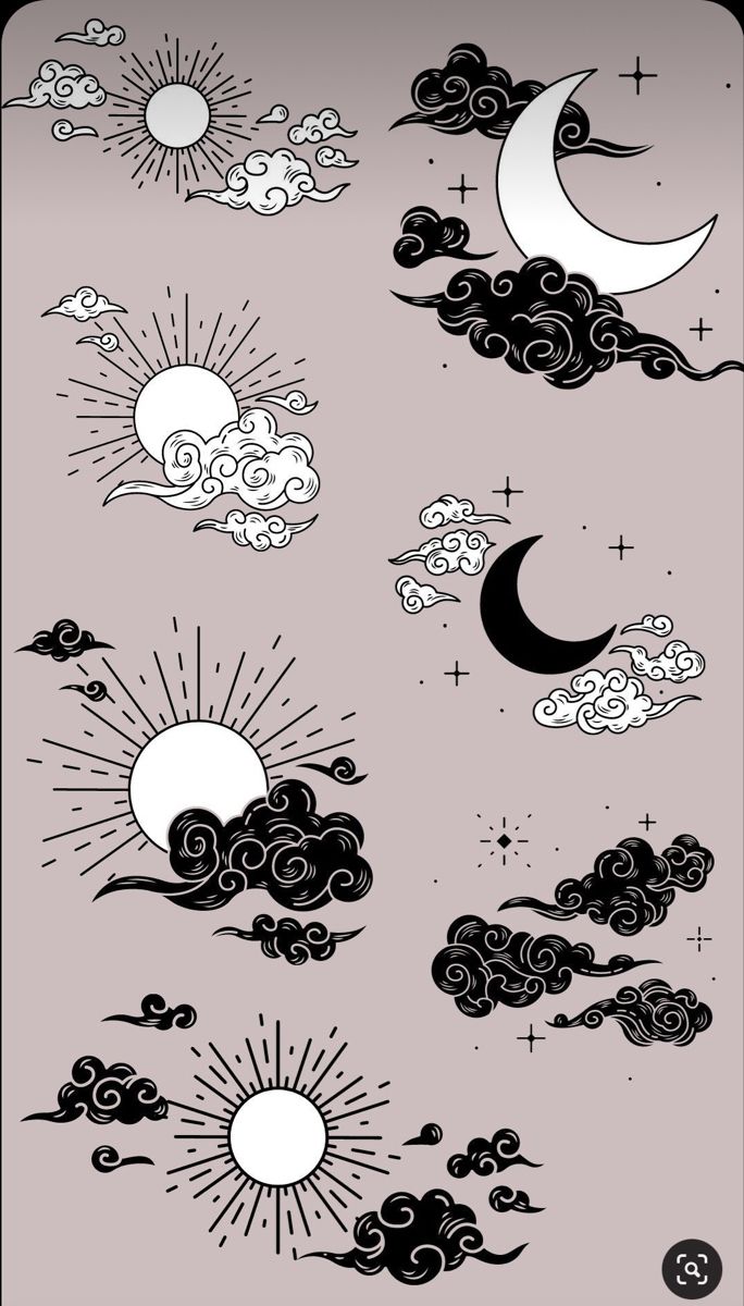 the sun, moon and clouds are shown in this graphic art style design set up