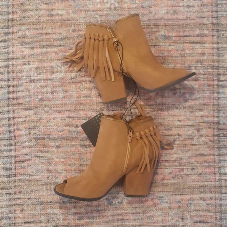 Dolce Vita Brand Size 10 Faux Suede Camel / Tan Color Never Been Worn /Tag Attached Fringe Detail On The Heel Double Zipper / Inside Zipper Is Functional Brown Fringed Boots For Spring, Spring Brown Boots With Fringe, Brown Fringe Boots For Spring, Spring Bohemian Boots With Fringe, Trendy Spring Boots With Tassels, Trendy Tassel Boots For Spring, Target Heels, Cutout Ankle Boots, Dolce Vita Booties