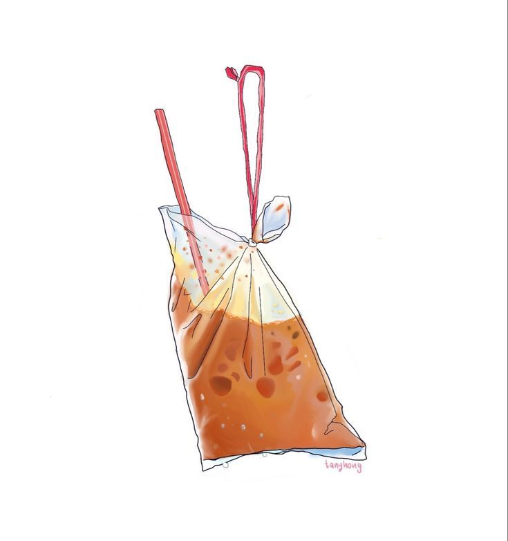 a drawing of a bag filled with liquid and two red straws sticking out of it