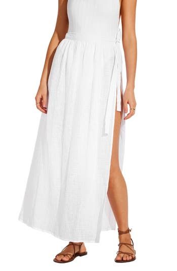 You'll feel like a vintage starlet when you're walking along the beach in this linen wrap skirt that has an open side that dramatically catches the breeze. True wrap style with side tie closure Unlined 100% linen Hand wash, dry flat Imported Spring Beach Maxi Skirt With Tie Waist, Summer Long Wrap Skirt For The Beach, Summer Long Wrap Skirt For Beach, Beach Maxi Skirt With Side Slits For Spring, Beach Long Skirt With Tie Waist, Chic Beach Skirt With Side Slits, Long Wrap Skirt For Summer Vacation, Summer Vacation Bottoms With Side Slits, Spring Beach Maxi Skirt With Side Slits