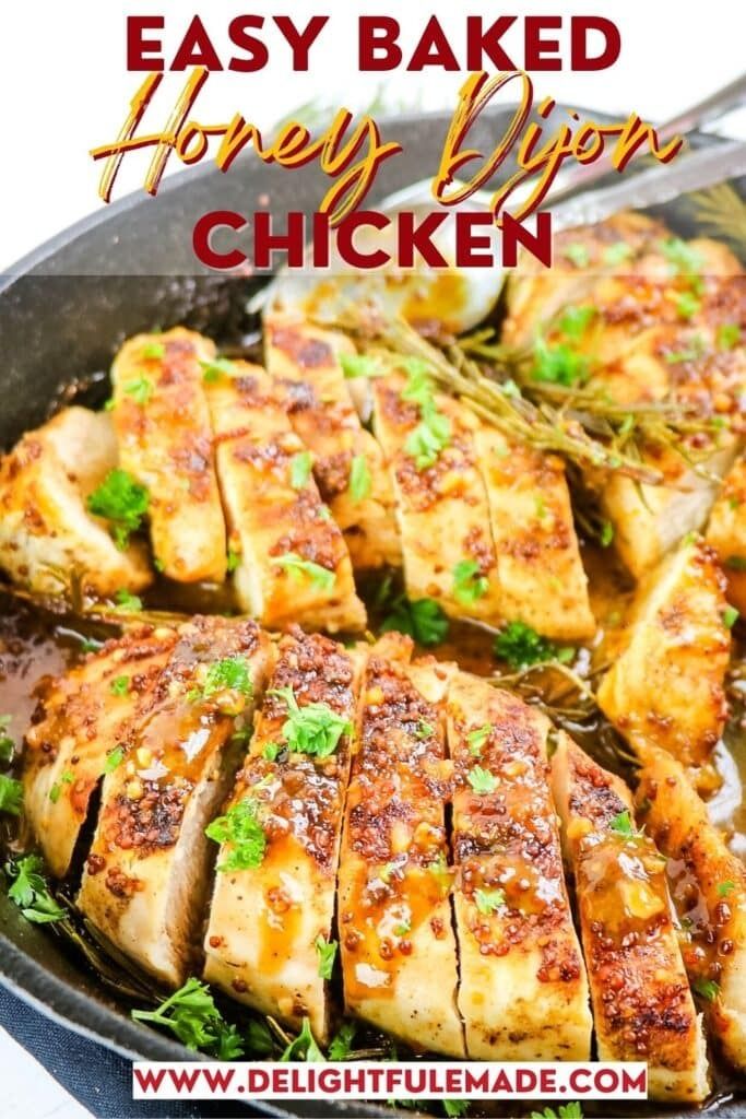 grilled honey glazed chicken in a skillet with text overlay that reads easy baked honey glazed chicken