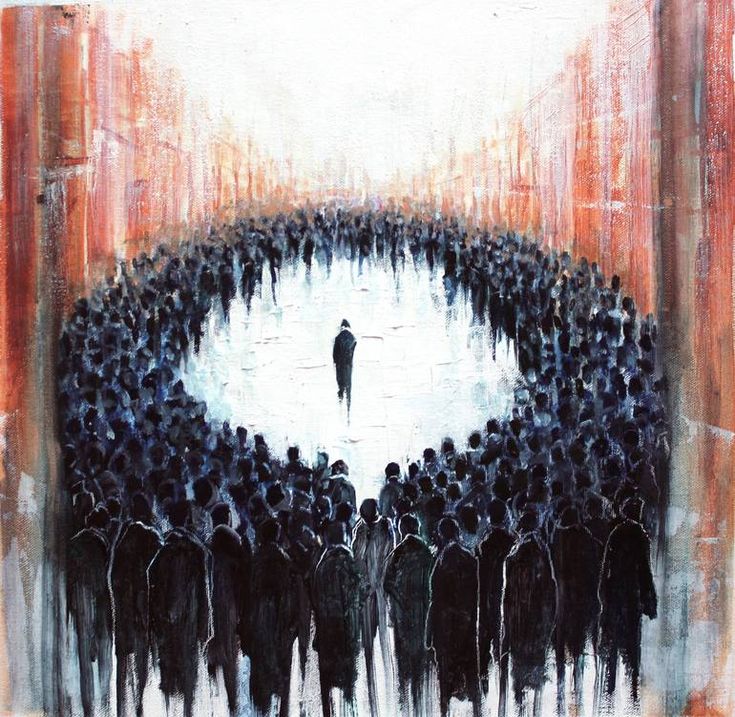 an abstract painting with people standing in front of a giant white circle that is surrounded by smaller black figures